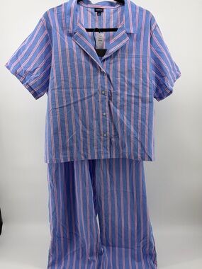 NWT 2Pc Gap Body PJ Set Poplin Blue & Pink Stripe Cotton Short Sleeve